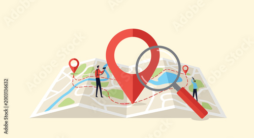 Detailed map with red location pins and a magnifying glass used for navigation, tracking, and travel planning on a light background.