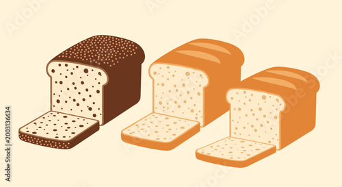 Assorted loaves of fresh bread including whole wheat and white varieties shown with slices on a warm neutral background.