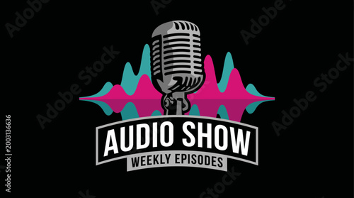 An eye-catching logo design for an audio show featuring a microphone and sound wave elements, perfect for podcasts and weekly audio episodes centered on diverse topics.