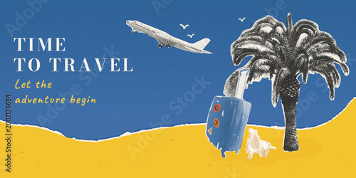 An airplane flies over a tropical palm tree with a travel suitcase on the beach sand. Trendy halftone collage. Inspirational banner for vacations and adventures. Creative collage-style design for a