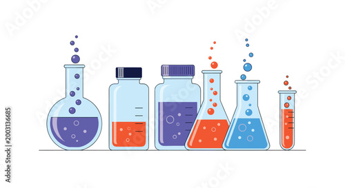 Selection of glass chemistry laboratory equipment including flasks and beakers filled with colorful bubbling liquids on a white background.