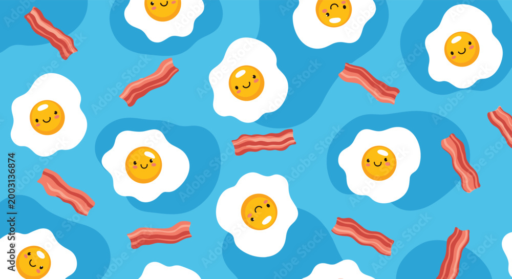 Fototapeta premium Seamless pattern featuring cute cartoon fried eggs with smiling faces and strips of bacon on a light blue wavy background.