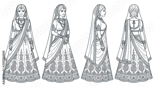 Traditional Indian bride in beautiful lehenga attire from multiple viewpoints.