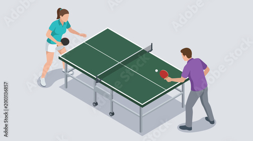 This image captures two players in action during a competitive game of table tennis, showcasing athleticism and teamwork in a vibrant and energetic setting.