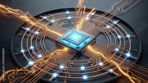 Futuristic Microchip with Golden Energy Flowing Through Circuitry