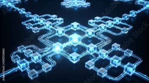 Futuristic Blue Digital Data Network with Glowing Cube Nodes