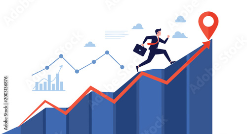Determined businessman with a briefcase runs up a rising bar graph toward a red location pin symbolizing a target destination.