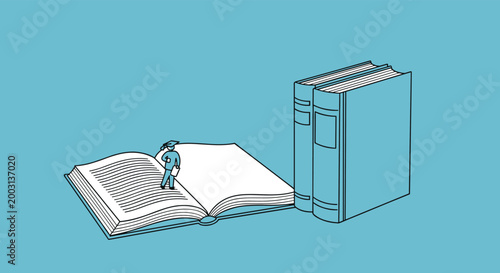 Tiny student wearing a graduation cap stands on the pages of a giant open book next to other large textbooks.