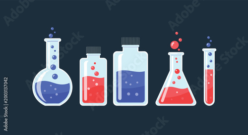 Laboratory glassware set including flasks and test tubes filled with bubbling red and blue chemical liquids on a dark background.