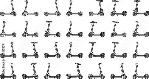 
Electric kick scooter vector icon illustration. Minimalist black line art of a modern e-scooter for urban commuting, micro-mobility, and eco-friendly city transportation. Scalable flat design. 