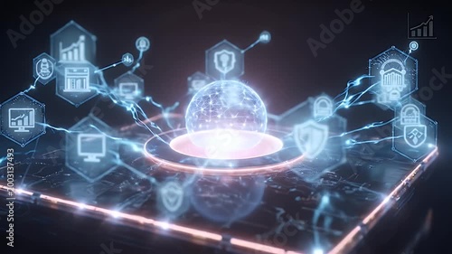 Futuristic Digital Platform with Global Network and Security Icons
