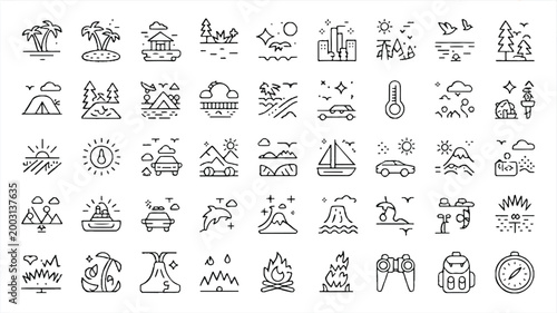 set of line icons for travel and outdoor activities and nature