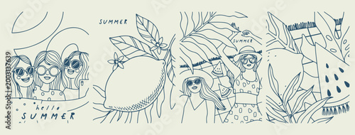 Fashionable girl at summer beach, coastal lifestyle line art illustration, hand drawn vacation woman doodle, minimalist summer holiday vector sketch, creative beach fashion design elements, tropical s
