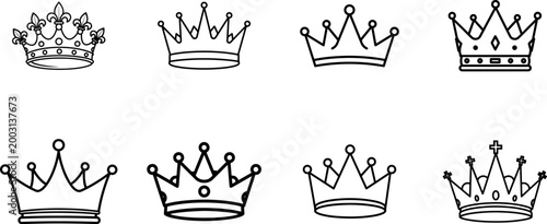 Collection of various crown icons in line art style isolated on transparent background