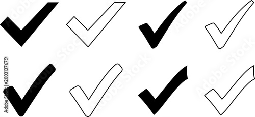 Collection of check mark icons in various styles and colors isolated on transparent background