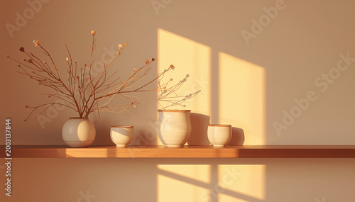 Ceramic Vases with Branches in Sunlight  