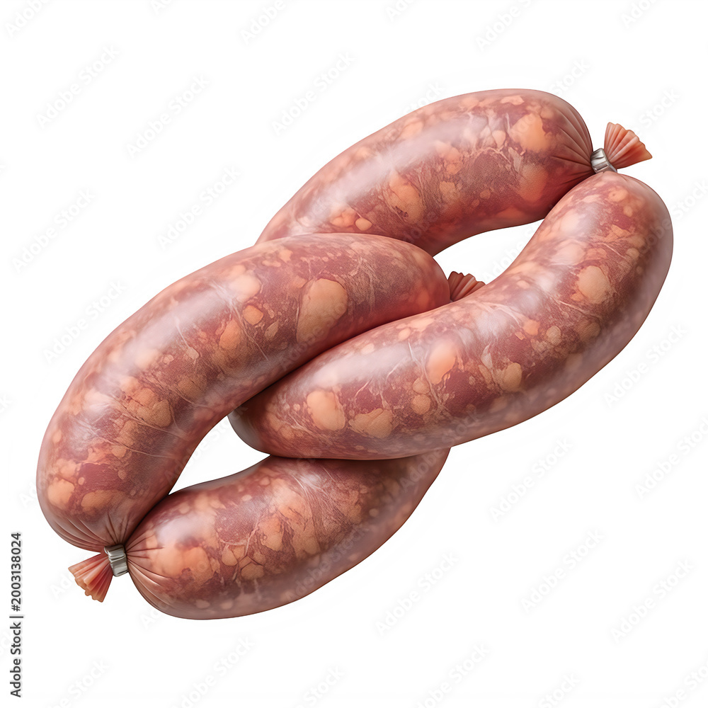 Fototapeta premium Fresh marbled meat sausages interlinked in a chain formation isolated on a transparent background.