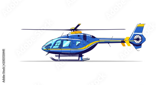 Φωτογραφία A sleek, modern blue and yellow helicopter is depicted in a side profile against a clean white background, showcasing its aerodynamic design and rotor system