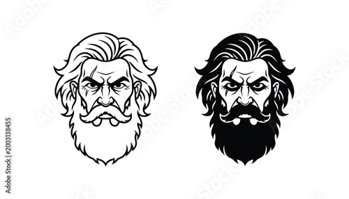 Fierce bearded man head portrait with rugged features and wild hair in bold ink illustration style for character branding or masculine product logos