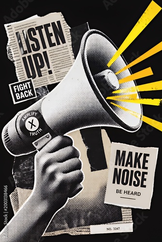 Bold Protest Megaphone Emitting Yellow Sound Rays on Graphic Collage Poster