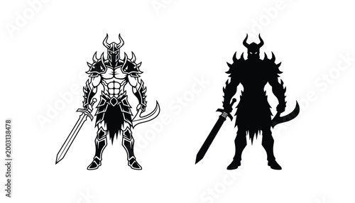Armored spiky warrior character with dual swords vector illustration in dark fantasy style for gaming and action-themed branding or apparel design
