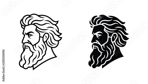 Majestic bearded man head profile portrait icon featuring greek god aesthetic in clean line art and solid black silhouette styles for character design and mythological branding