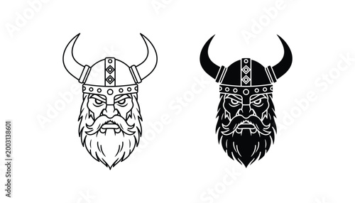 Fierce viking warrior head with horned helmet and long beard vector graphic in line art and solid black silhouette styles for historical and fantasy branding