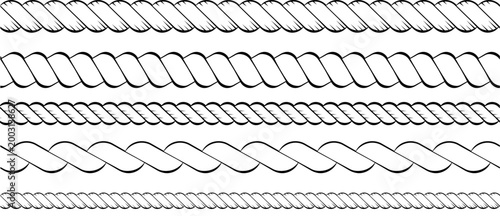 Set of rope string seamless patterns. Collection of Western decorative cables for frames. Nautical, marine, cowboy, knit cords. Simple sailor-inspired border designs. Braid brush borders