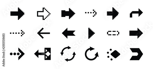 Pixel art arrow icon collection, flat vector direction symbols, navigation arrows in retro 8 bit style with simple geometric shapes for games, interfaces, websites, and digital design