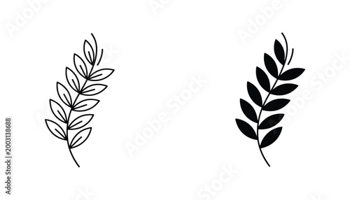 Botanical branch vector element with elegant leaves featuring both clean line art and solid black silhouette versions for natural branding and eco friendly graphic design project applications
