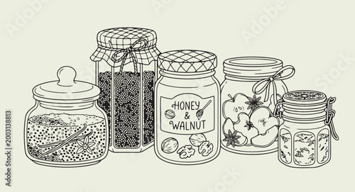 Glass jars of honey and walnuts, organic food preservation line art, kitchen pantry storage hand drawn doodle, healthy honey product packaging sketch, minimalist food jars vector illustration, rustic 
