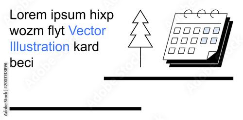 Planning, organization, time management, creativity, scheduling, communication. A tree and a calendar next to stylized text. Planning and organization visuals for time management and scheduling uses