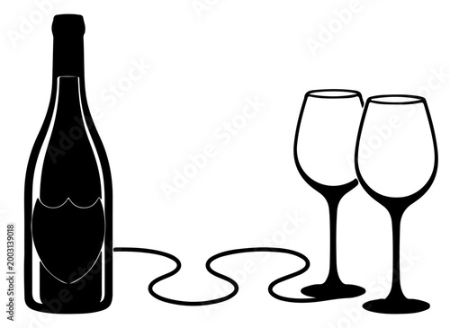 Minimalist Wine Bottle and Two Glasses Silhouette Vector Illustration Isolated on Transparent Background