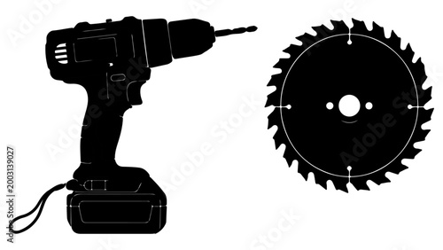 Black silhouette of a cordless electric drill and a circular saw blade isolated on transparent background