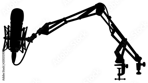 Black Silhouette of Studio Condenser Microphone on Adjustable Boom Arm Stand Isolated on Transparent Background