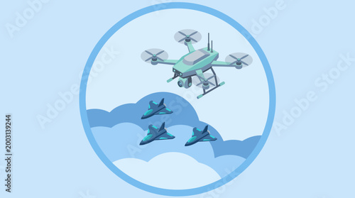This image portrays a drone flying above fighter jets in the clouds, symbolizing aerial technology and innovation in the field of aviation and defense.
