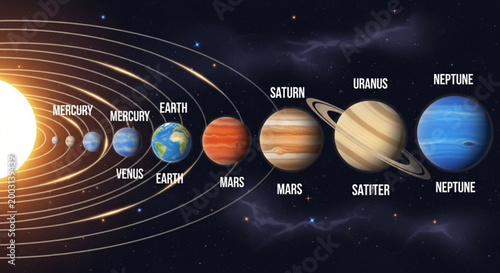 Solar system planetary orbits with sun and planets in space