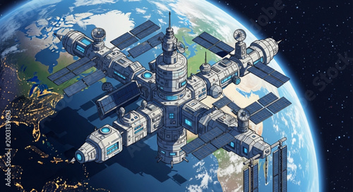 Space station orbiting earth with solar panels and modules in space