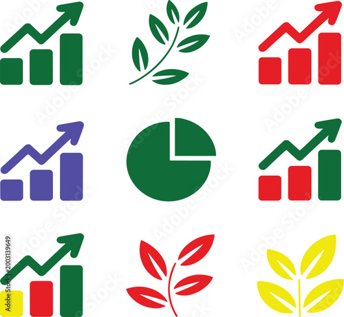 Minimalist flat collage with colorful charts, graphs, and leaves vector illustration EPS PNG file