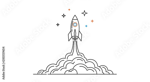 Rocket ship launching into space with stars and clouds symbolizing innovation and success