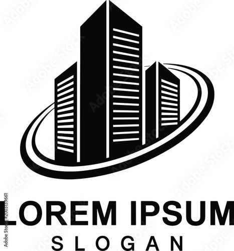 Black and white minimalist city skyline with buildings and text vector illustration EPS PNG file