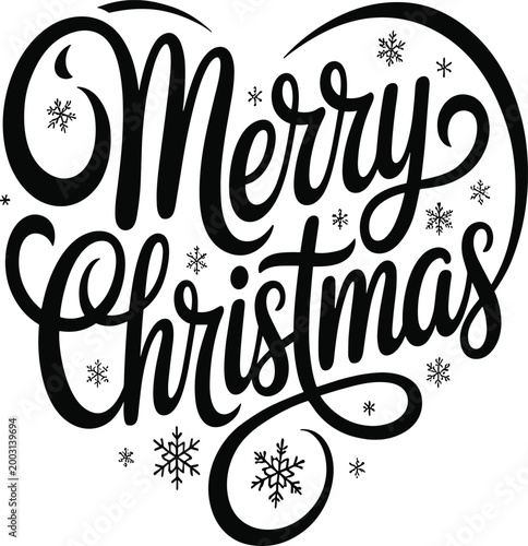 Black and white merry Christmas text with snowflakes vector illustration EPS PNG file
