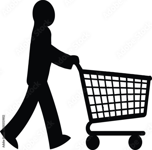 Silhouette of a person pushing a shopping cart black vector illustration EPS PNG file