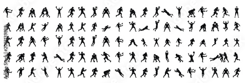 American Football Action Silhouettes Collection Vector Icons Players Running Passing Tackling
