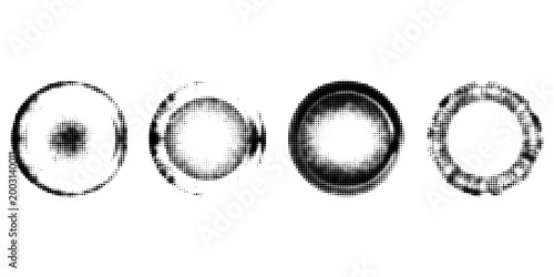 Halftone circle dotted frame circularly distributed set. Abstract dots logo emblem design element. Round border Icon using random halftone circle dot texture. Half tone circular background pattern.
