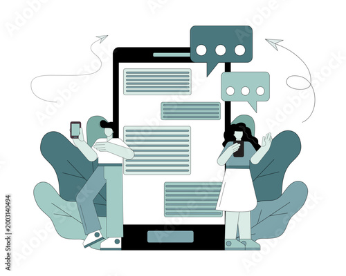 Chat messaging concepts. Internet communication, social networks. People communicate using the internet and gadgets.eps