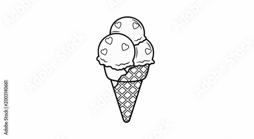 Three scoops of ice cream with hearts in a waffle cone