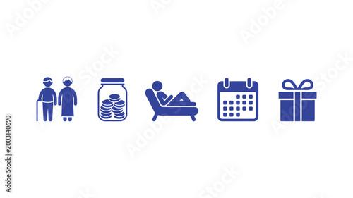 Retirement lifestyle icon collection, blue flat vector set with senior couple, savings jar, pension planning, relaxing man, calendar reminder, gift box, and celebration balloon for elderly care.