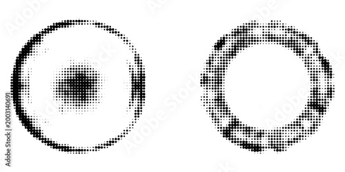 Halftone circle dotted frame circularly distributed set. Abstract dots logo emblem design element. Round border Icon using random halftone circle dot texture. Half tone circular background pattern.