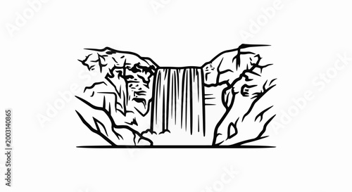 Stylized waterfall cascading over rocky cliffs into a serene pool below